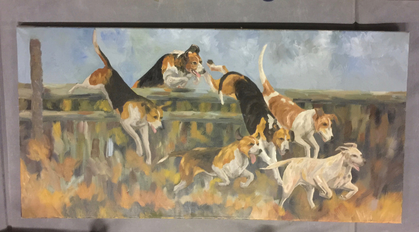 Abstract oil Painting on Canvas of Hounds at Ashley Hall 39x20" Unframed