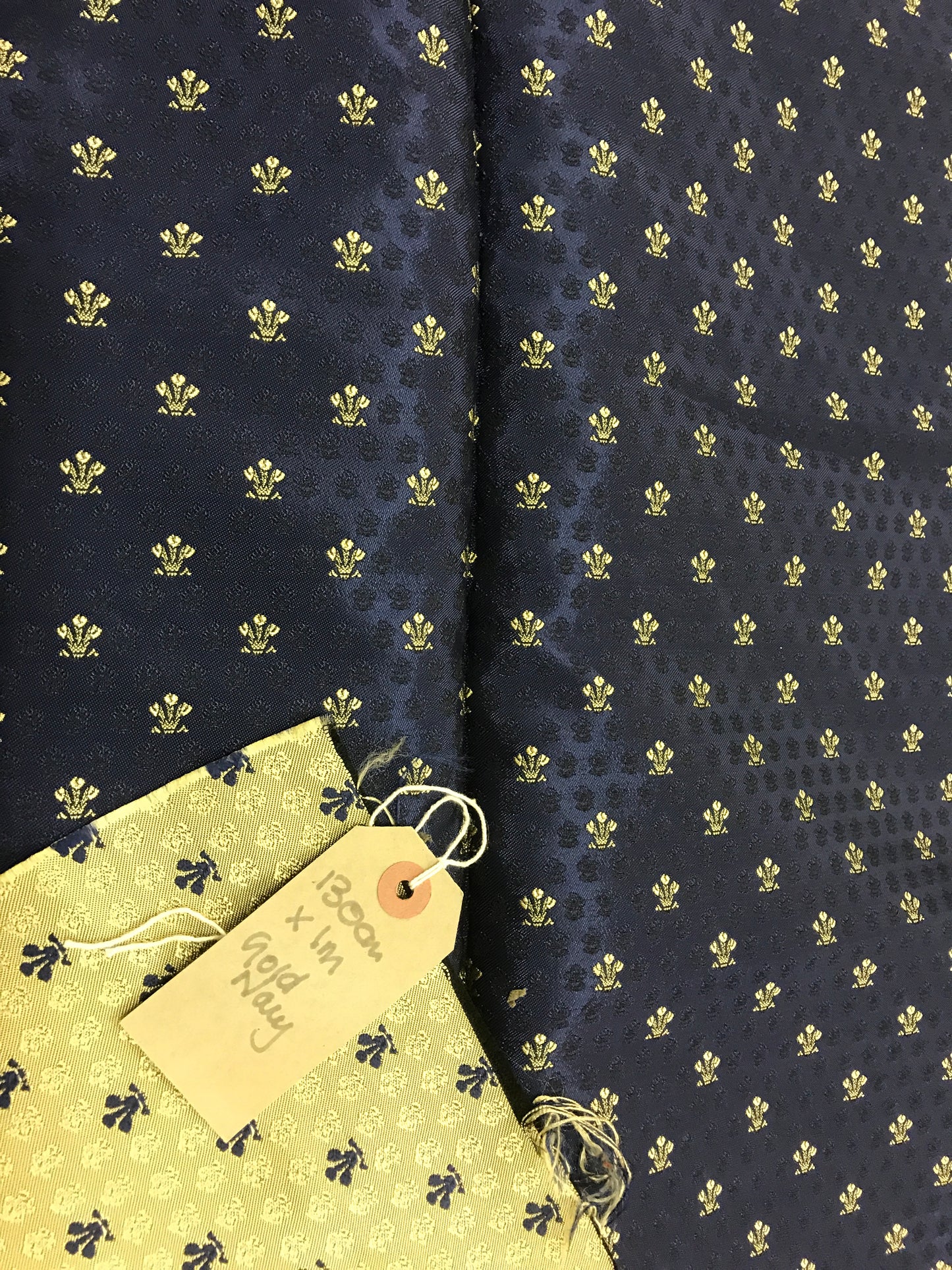 Double sided Gold Navy Satin Damask 130cm x 1m