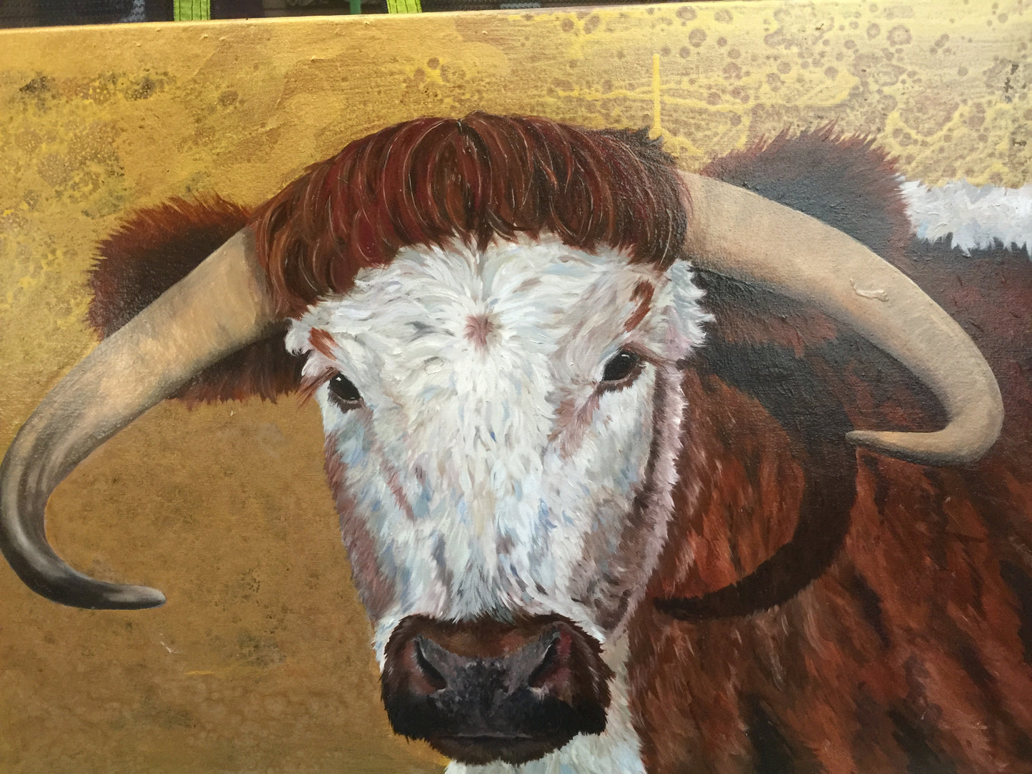 Golden Cow. Wellfields Irish Long Horn Cow on  Gold Acetate Background Oils Original