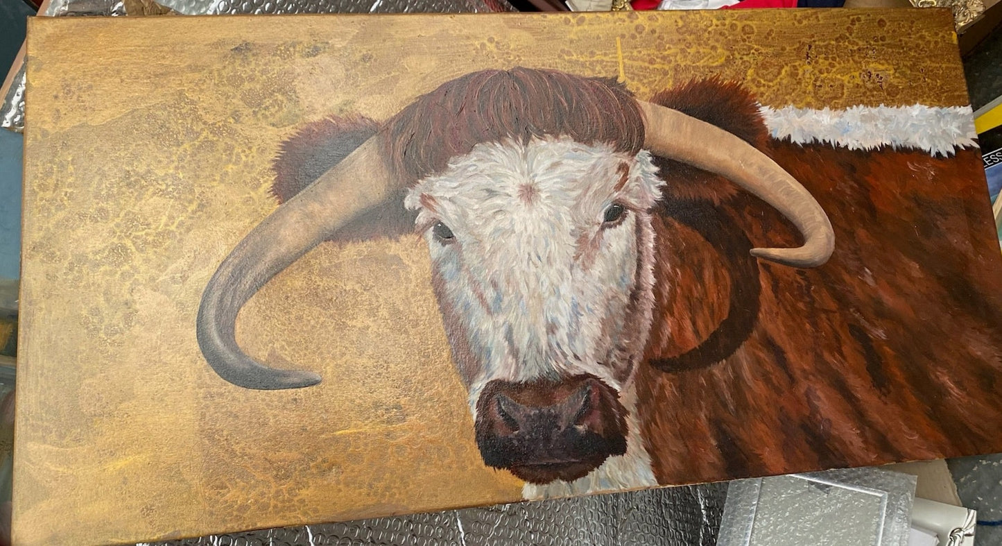 Golden Cow. Wellfields Irish Long Horn Cow on  Gold Acetate Background Oils Original