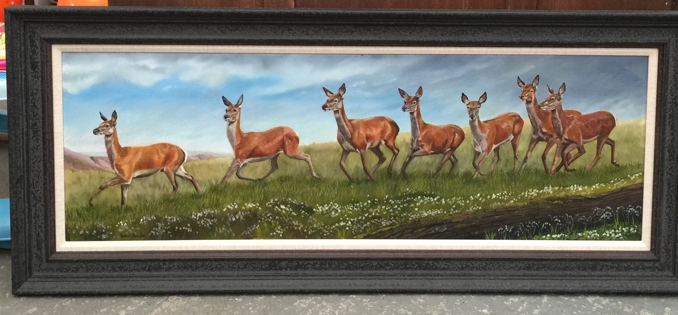 Deer on the Run Oil on Canvas 48" x 18" ORIGINAL Frames