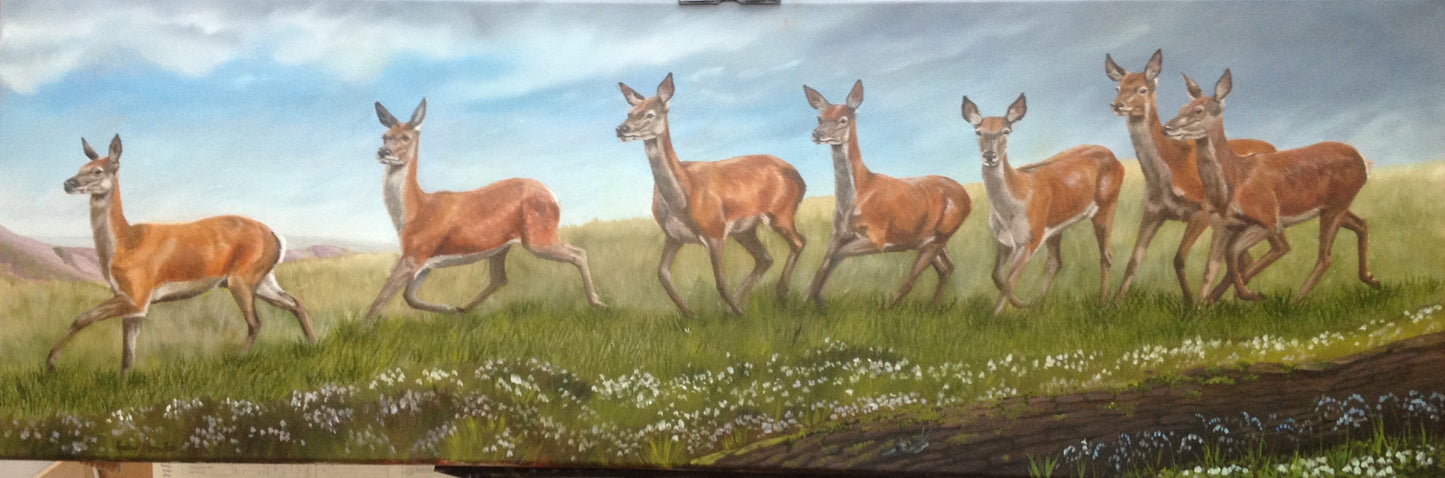 Deer on the Run Oil on Canvas 48" x 18" ORIGINAL Frames