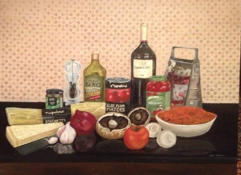 Spag Bol still life oil on canvas donated to NW Air Ambulance